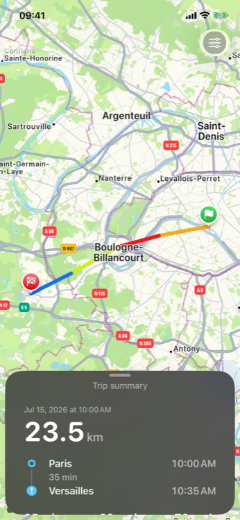 A drive plotted on the map, coloured by speed, with a trip summary