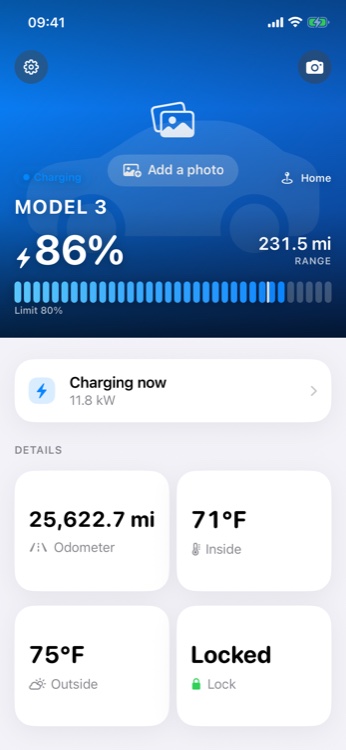 Tezi dashboard showing battery state, range and live vehicle status